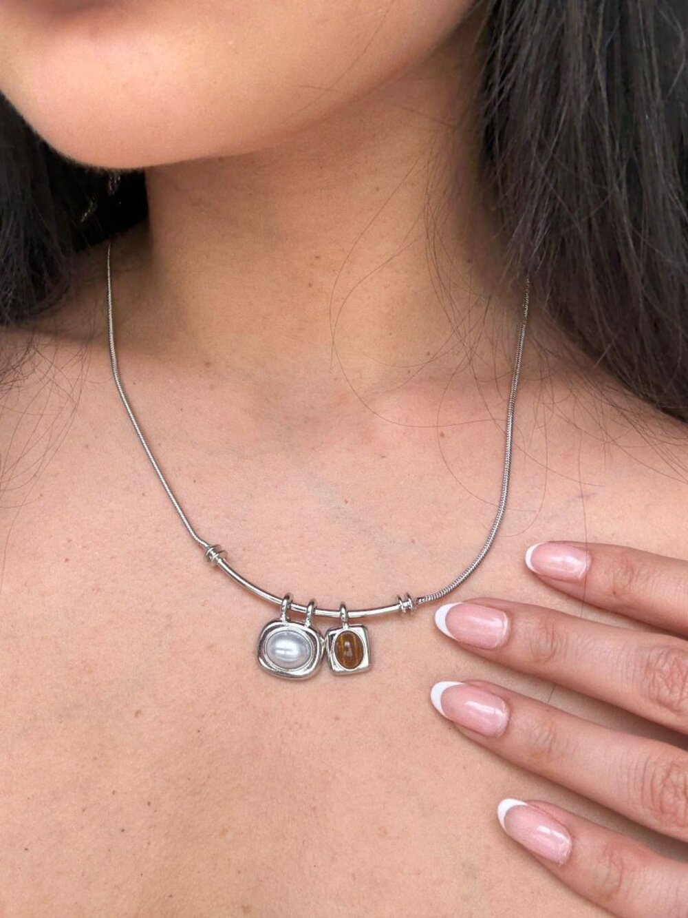 Silver Pendant Necklace Faux Pearl Charm Adjustable Minimalist